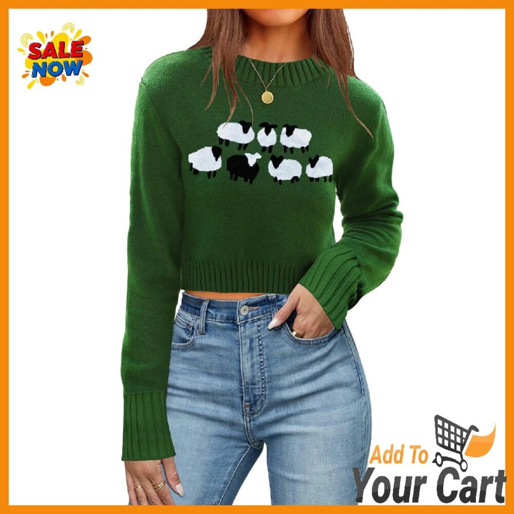 Ribbed Knit Cropped Pullover Sweater Long Sleeve Crewneck Fall Tops